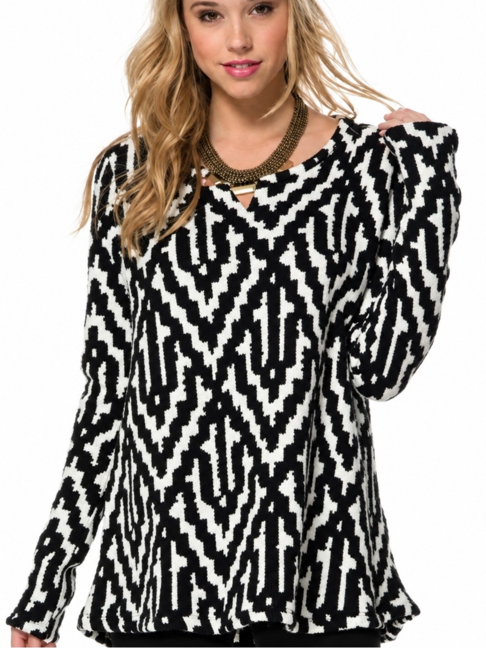 Show Me Your Mumu Mellow Black & White Geometric Knit Pullover Sweater Medium